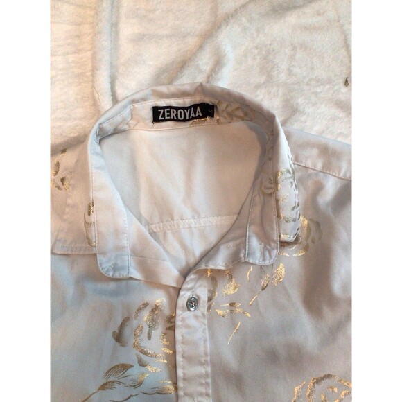 Zeroyaa Mens Small Short Sleeve Button Up White Shiny Gold Paisley Shirt - Picture 3 of 16